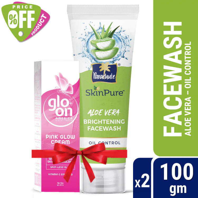 Parachute SkinPure Aloe Vera Brightening Facewash (Oil Control) 100gm & GLO-ON Pink Glow Cream 50gm Combo