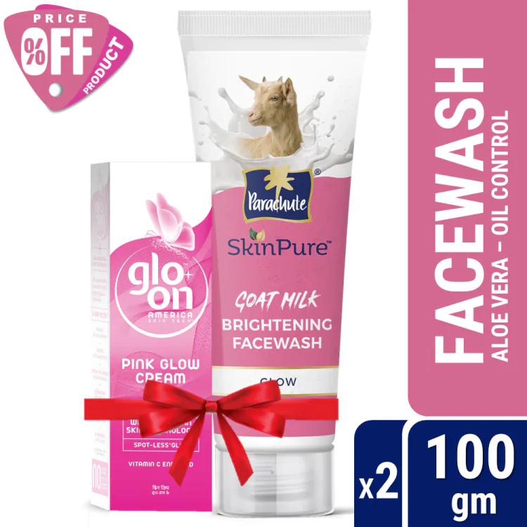 Parachute SkinPure Goat Milk Brightening Facewash (Glow) 100gm & GLO-ON Pink Glow Cream 50gm Combo